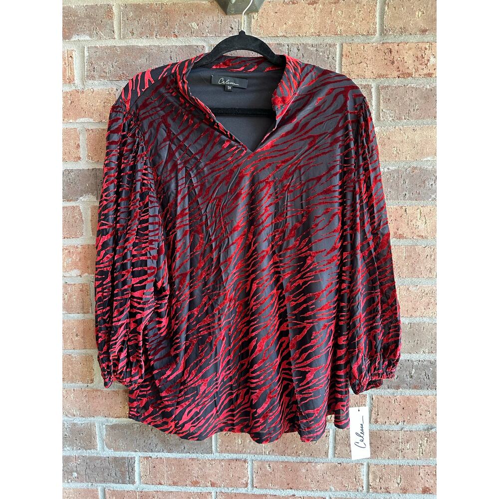 Calessa Red Zebra Striped Velvet Sheer Blouse Size 1X